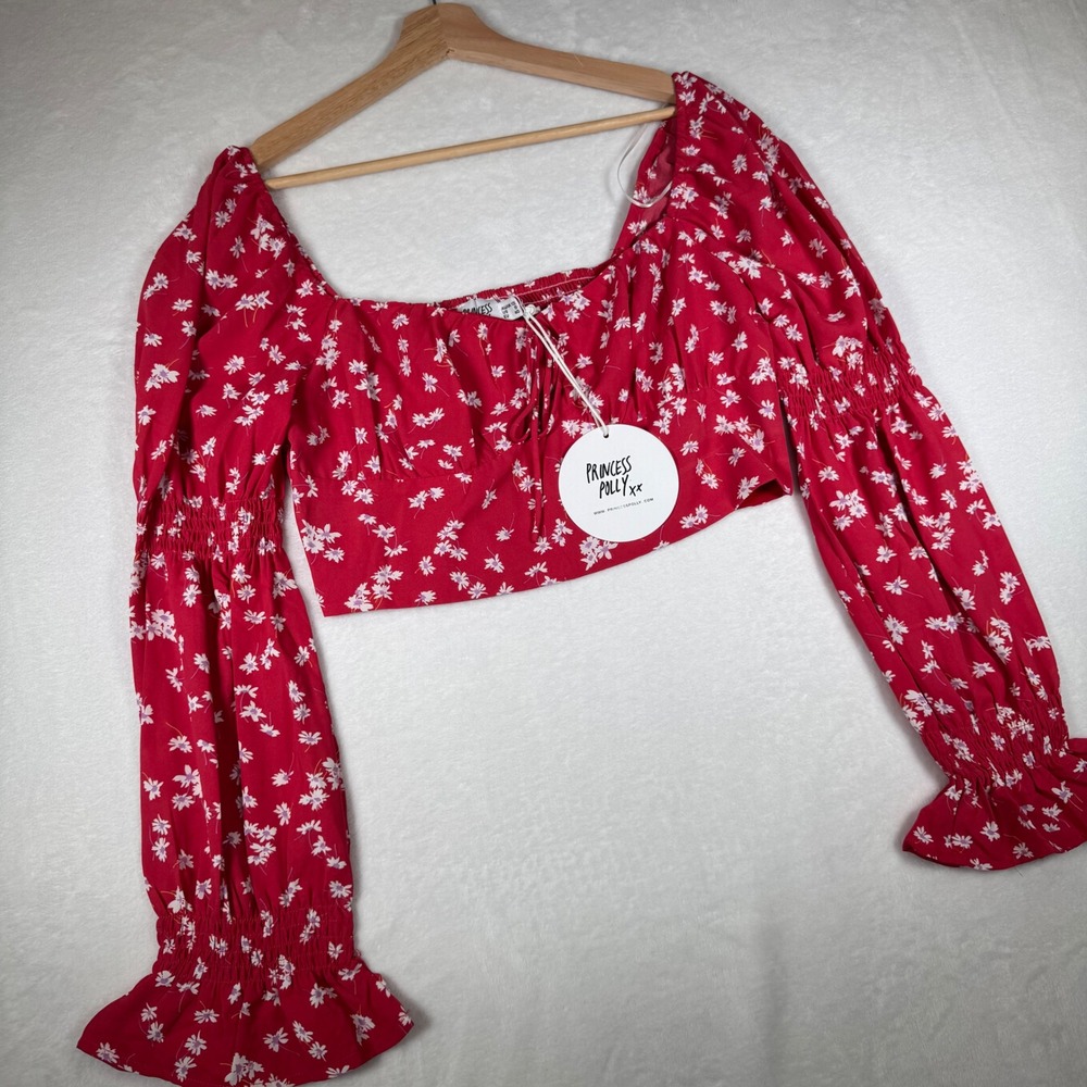 Princess Polly Rylee Long Sleeve Crop Top Red Floral Blouse US 8
